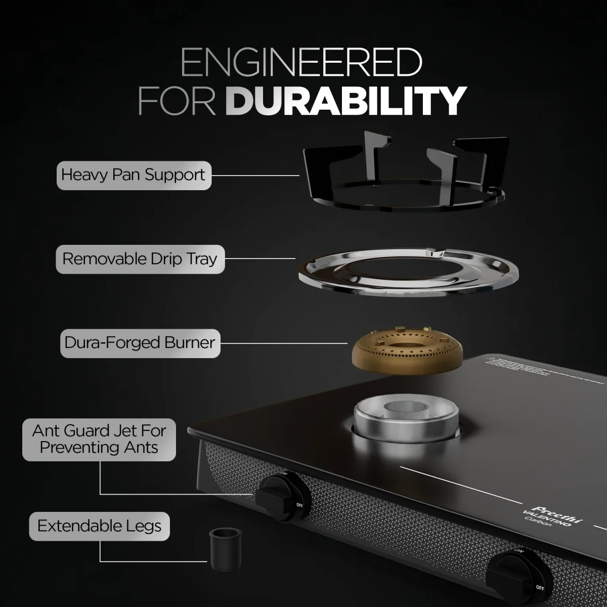 PREETHI VALENTINO CARBON 3 BURNER GAS STOVE